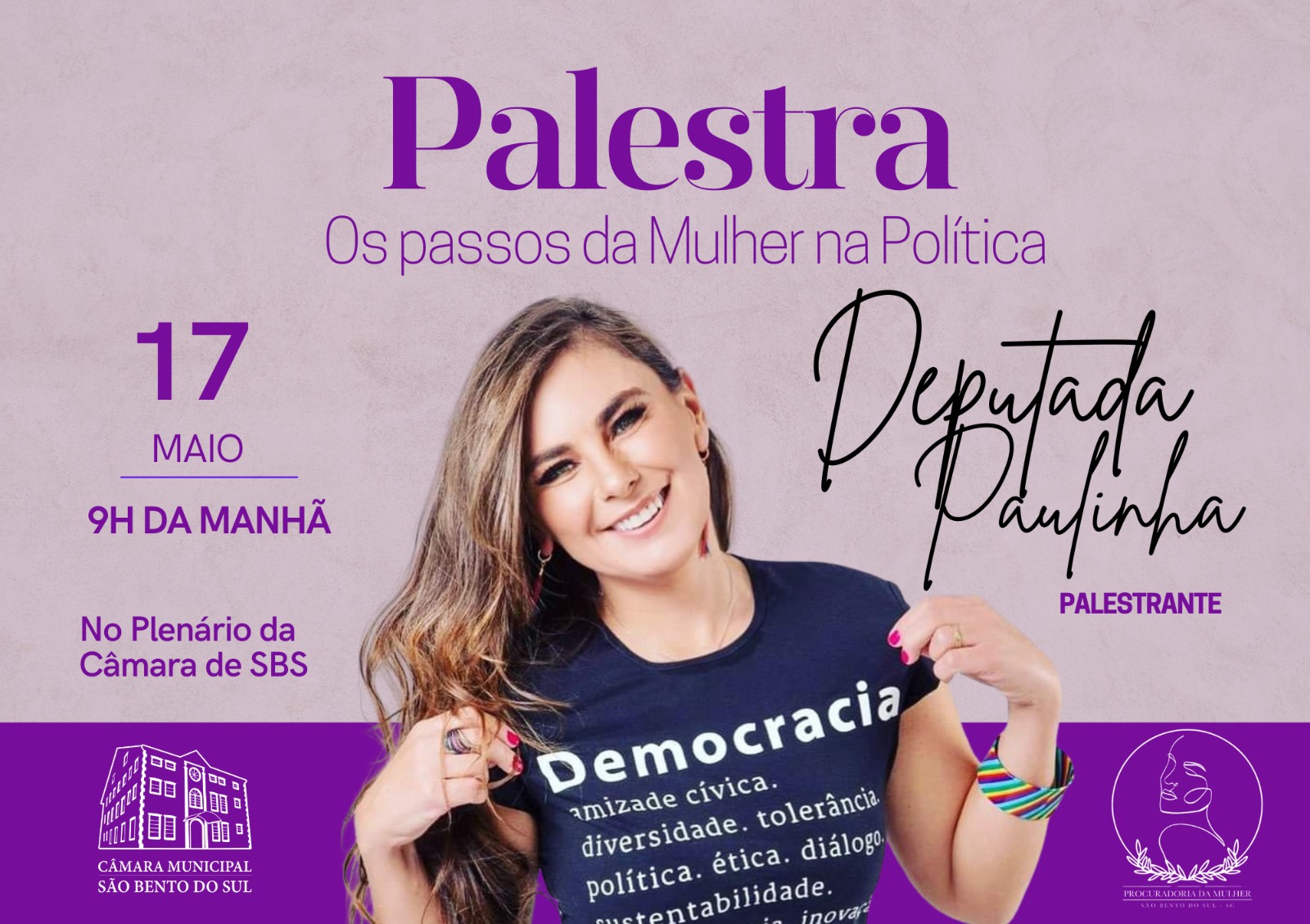 Deputada Paulinha fará palestra em São Bento do Sul sobre “Os Passos da Mulher na Política”