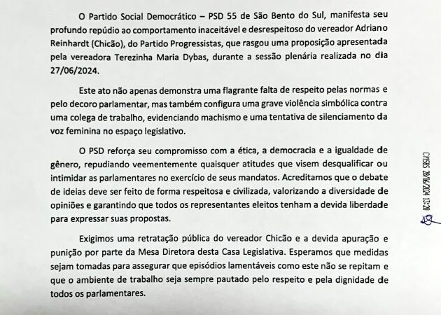 PSD de São Bento do Sul Protocola Nota de Repúdio Contra Vereador Chicão do PP