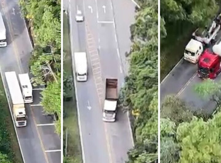 Drones flagram caminhões em ultrapassagens perigosas na Serra Dona Francisca em Joinville
