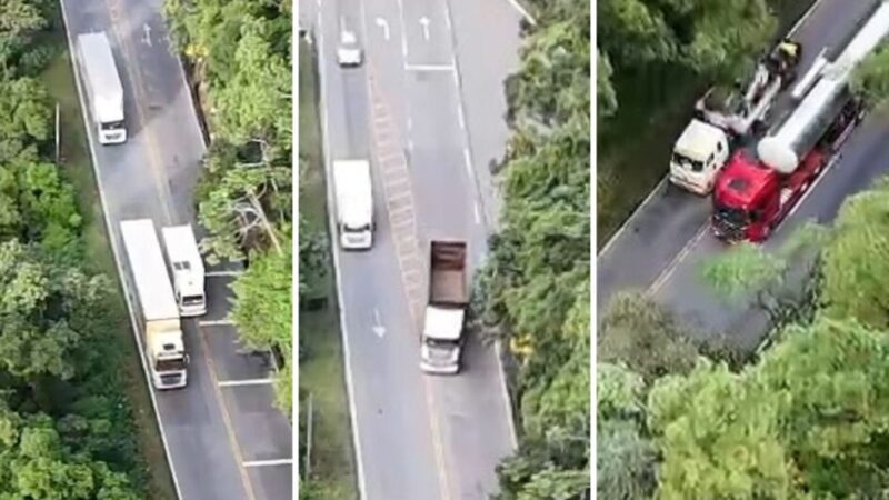 Drones flagram caminhões em ultrapassagens perigosas na Serra Dona Francisca em Joinville
