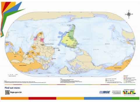 IBGE vira o mapa de cabeça pra baixo e coloca o Brasil no topo do mundo