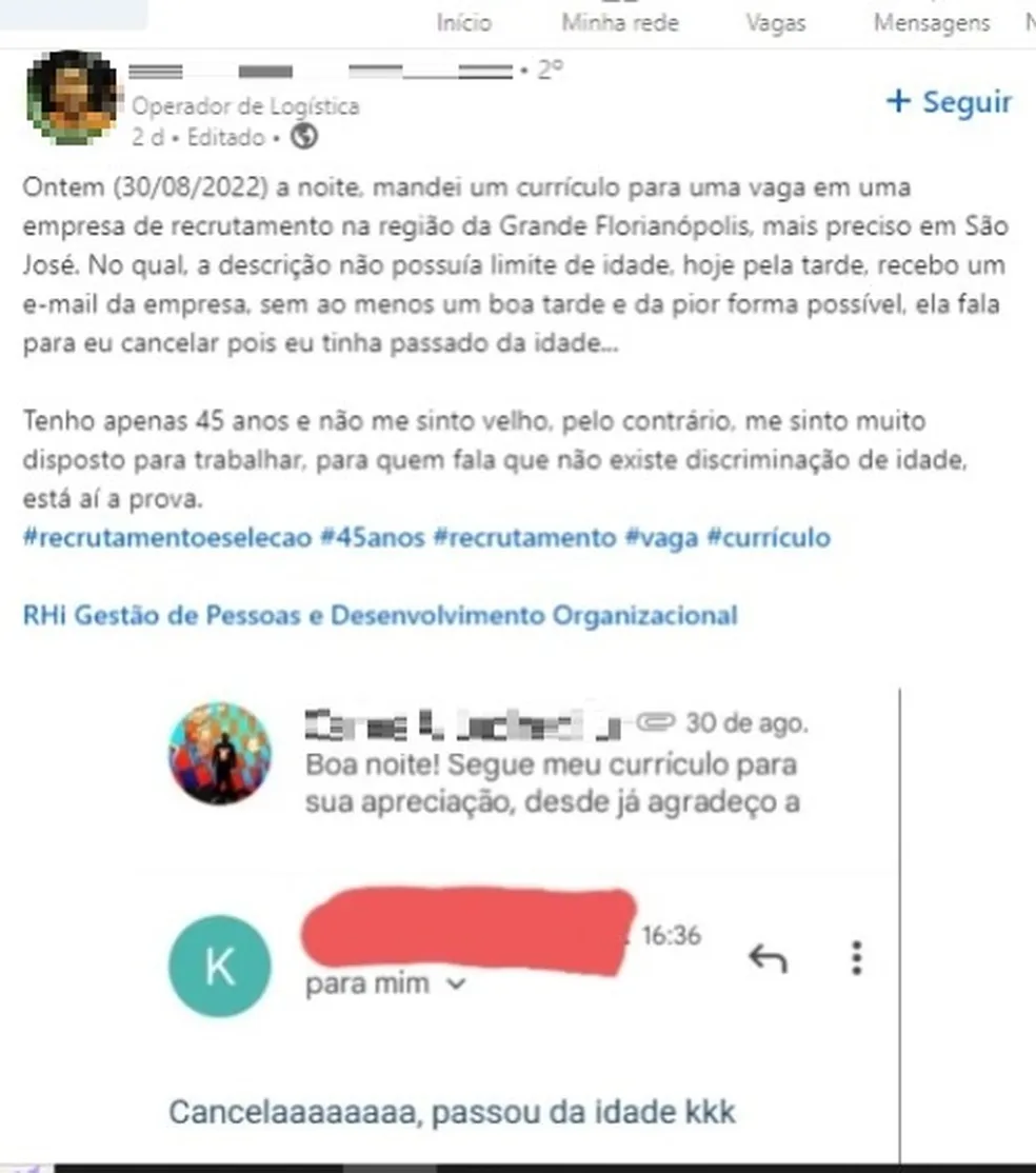 ‘Passou da idade kkk’: Empresa que discriminou candidato por causa da idade pagará indenização em SC