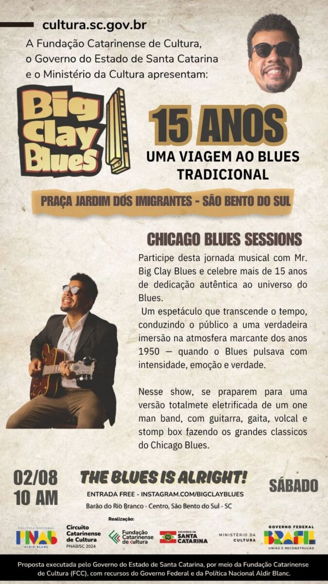 São Bento do Sul recebe show gratuito com Big Clay Blues neste sábado