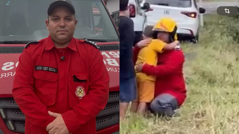 “Ele chorava, e eu só pude abraçar”, diz bombeiro flagrado consolando criança que viu a avó morrer em SC