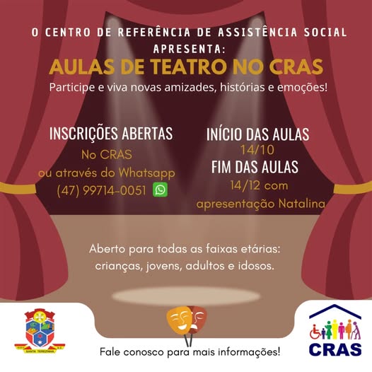 CRAS de Santa Terezinha abre inscrições para Aulas de Teatro