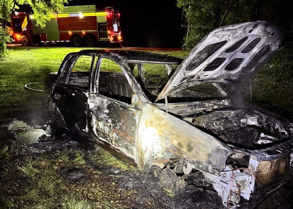 Incêndio em veículo às margens de rodovia mobiliza bombeiros