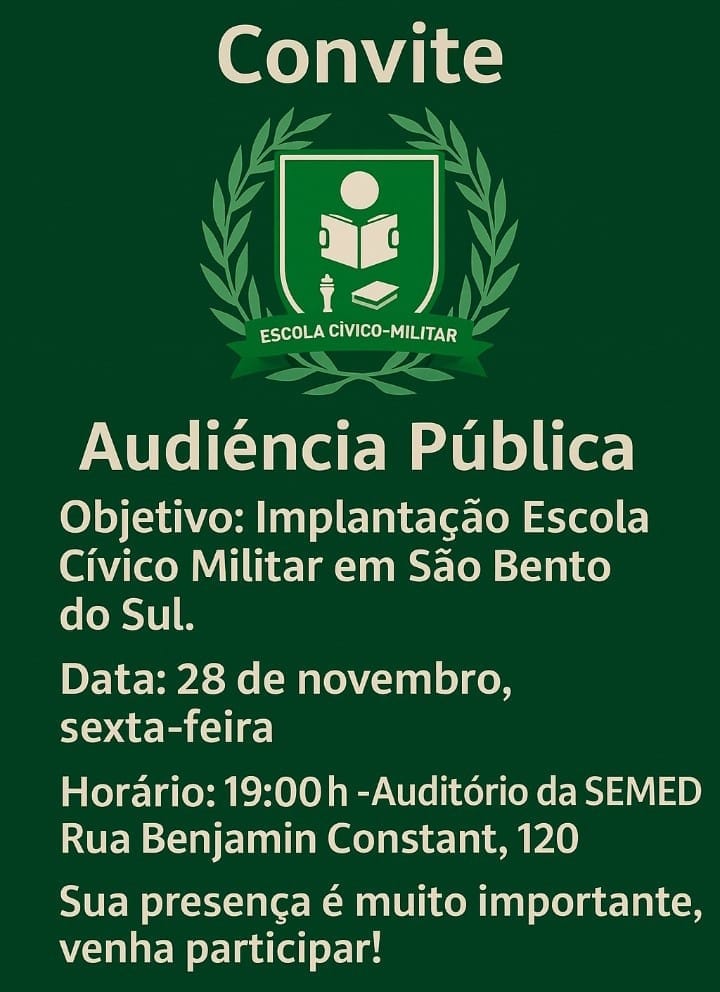 São Bento do Sul discute implantação de Escola Cívico-Militar em audiência pública nesta sexta-feira