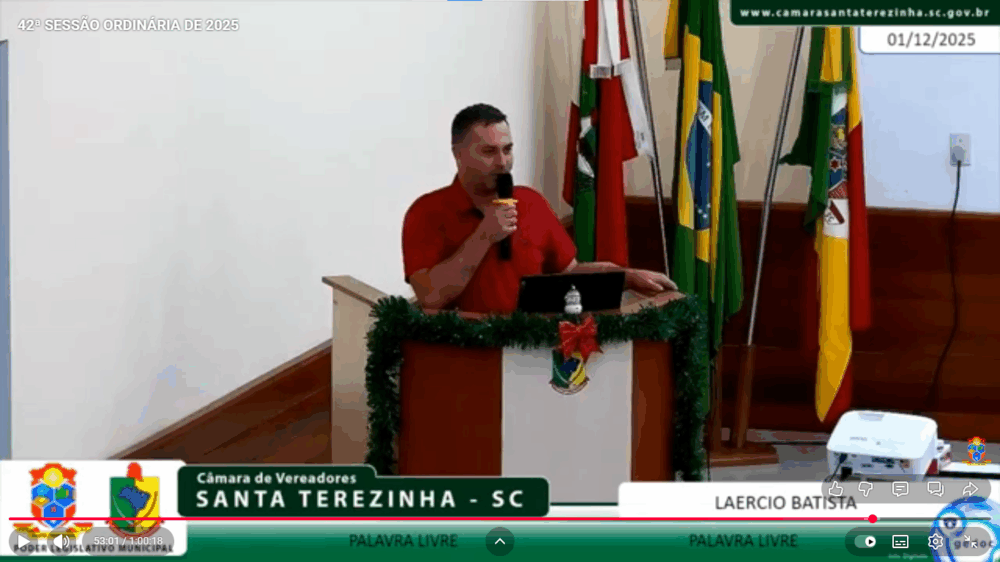Vereador Laércio Batista defende atuação dos parlamentares e elogia avanços em Santa Terezinha durante uso da palavra livre