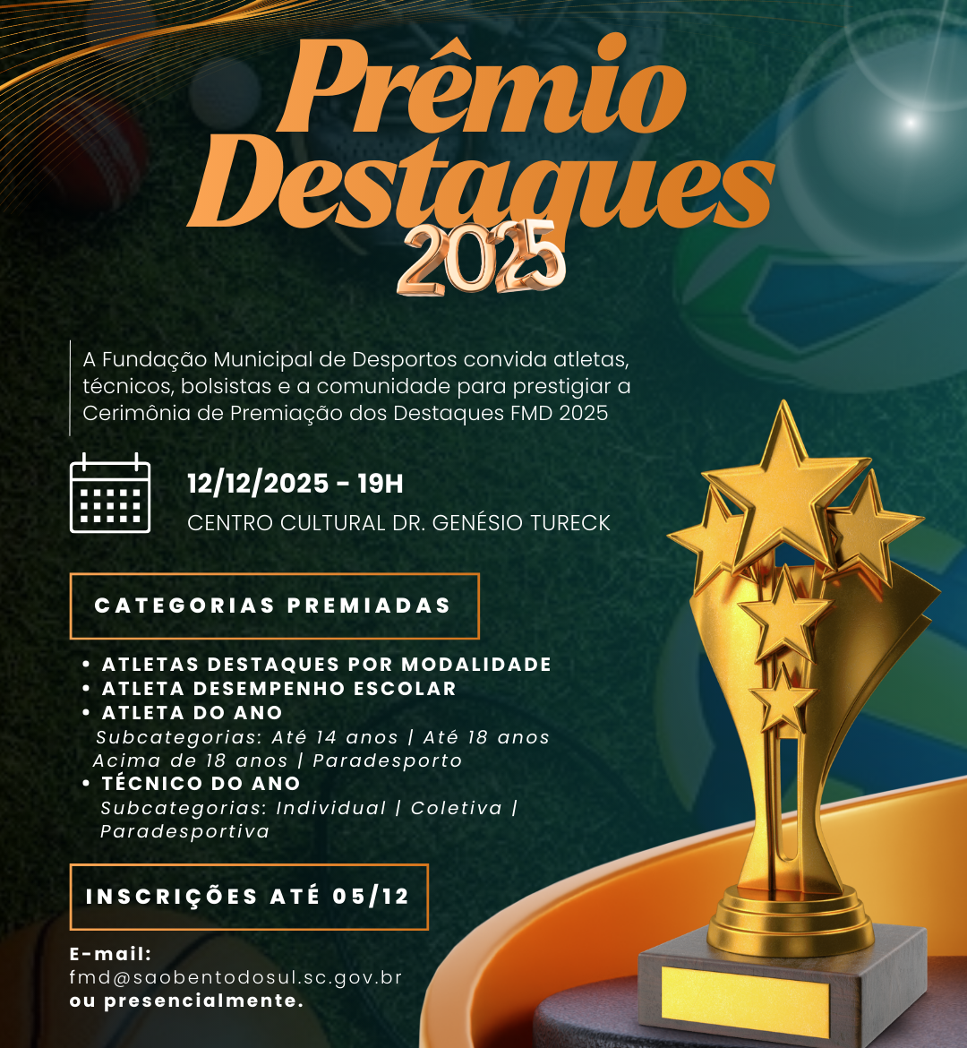 Prêmio Destaques Esportivos 2025 da FMD será realizado no dia 12 de dezembro em São Bento do Sul
