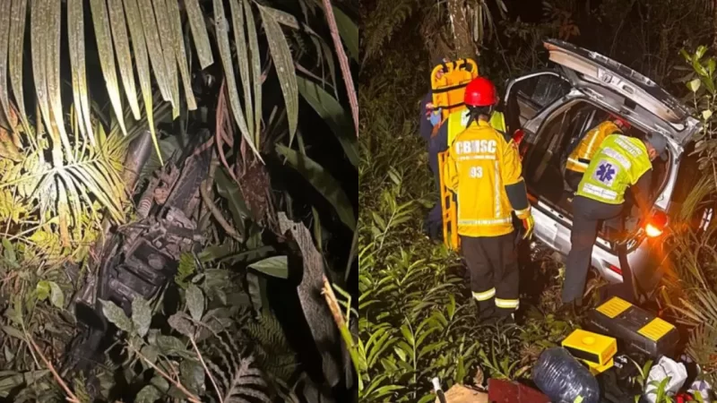 Motociclista morre em grave acidente na SC-416 em Garuva; caminhonete cai em área de mata