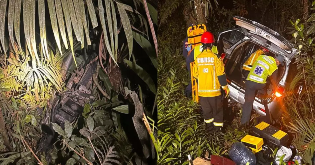 Motociclista morre em grave acidente na SC-416 em Garuva; caminhonete cai em área de mata