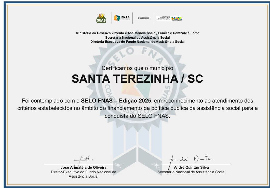 Santa Terezinha conquista reconhecimento nacional com Selo FNAS 2025