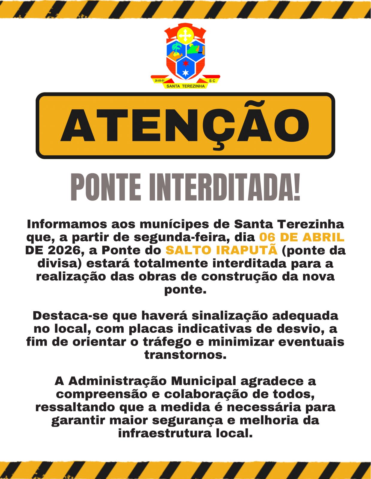 Ponte do Salto Iraputã é interditada para construção de nova estrutura em Santa Terezinha