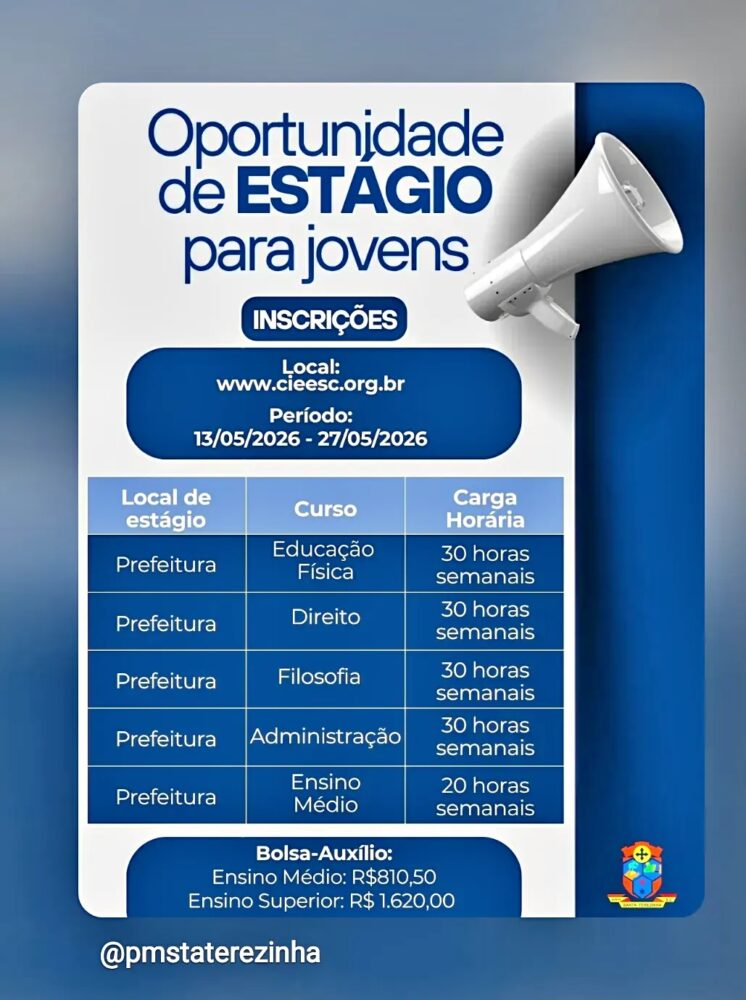 Prefeitura abre inscrições para vagas de estágio para jovens em Santa Terezinha