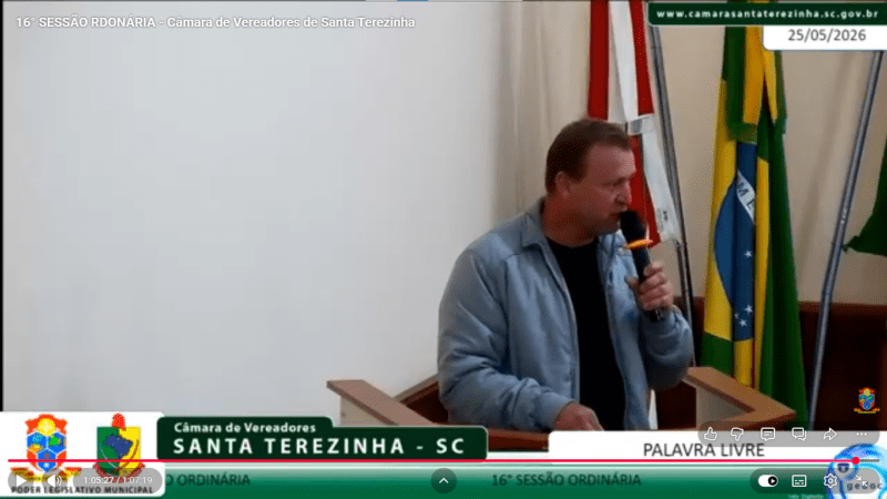 Presidente da Câmara de Santa Terezinha destaca obras, mobilidade rural e celebração comunitária durante sessão