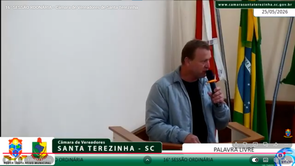Presidente da Câmara de Santa Terezinha destaca obras, mobilidade rural e celebração comunitária durante sessão