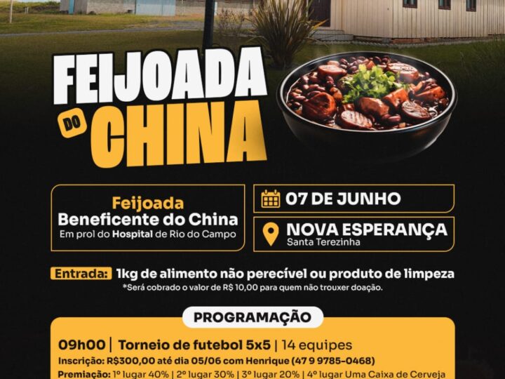 Feijoada Beneficente do China será realizada em junho em Nova Esperança, em Santa Terezinha
