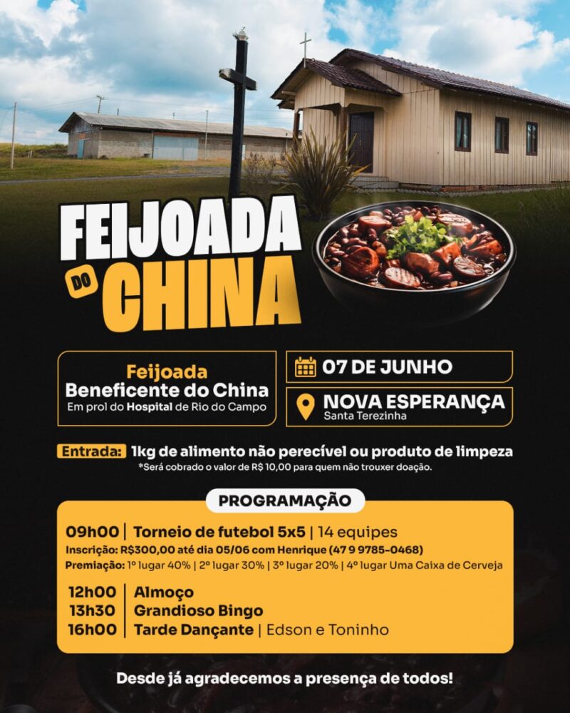 Feijoada Beneficente do China será realizada em junho em Nova Esperança, em Santa Terezinha