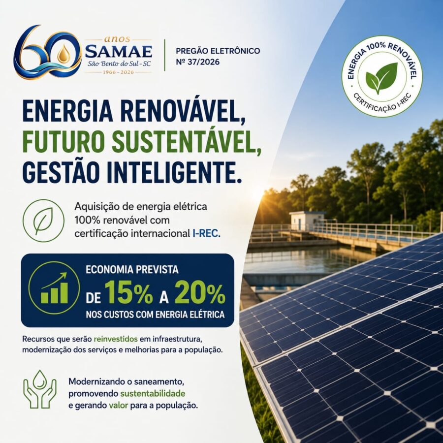 Samae de São Bento do Sul investe em energia renovável e prevê economia de até 20% nos custos com energia elétrica