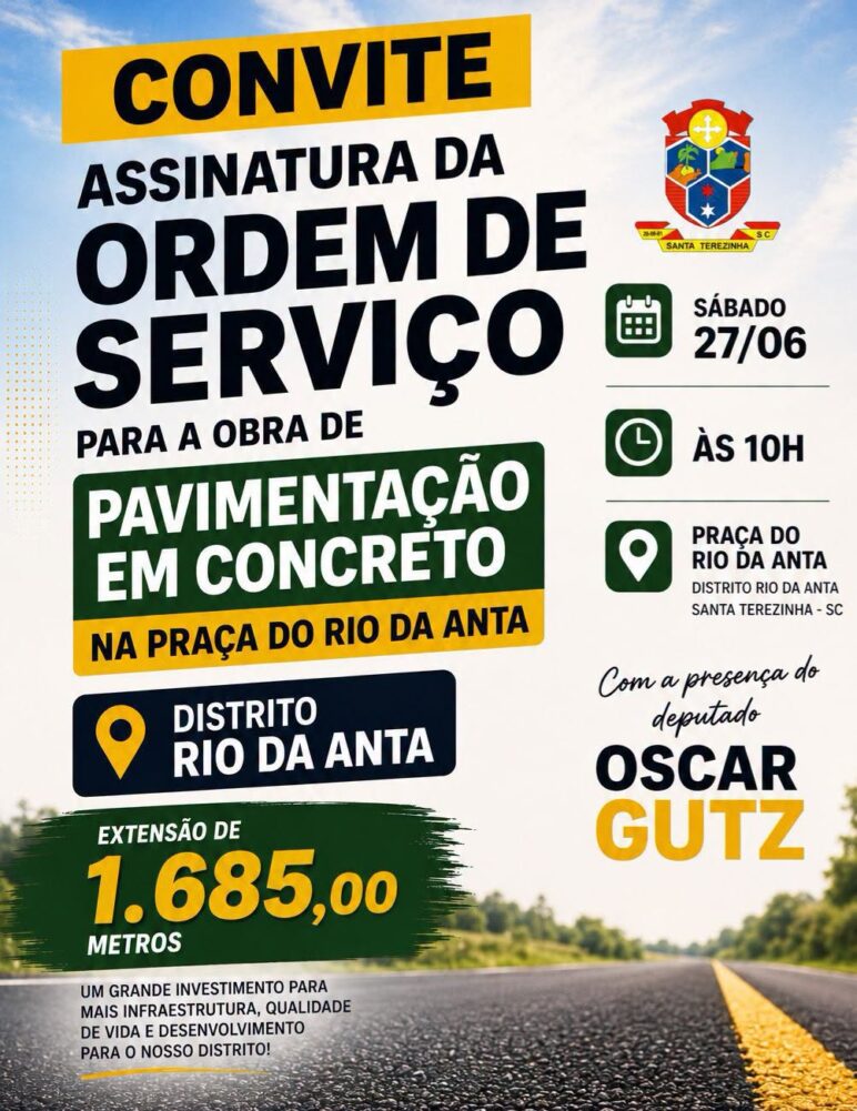 Santa Terezinha convida comunidade para assinatura da ordem de serviço de pavimentação no Distrito Rio da Anta