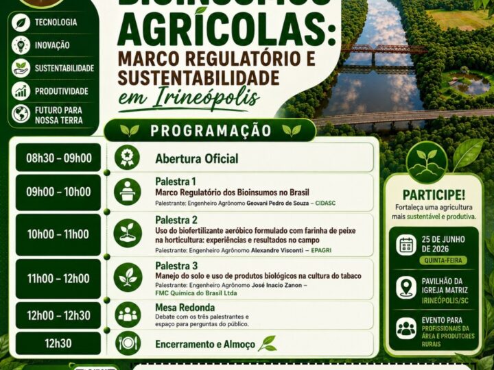 Irineópolis sediará Seminário sobre Bioinsumos Agrícolas e Sustentabilidade no dia 25 de junho