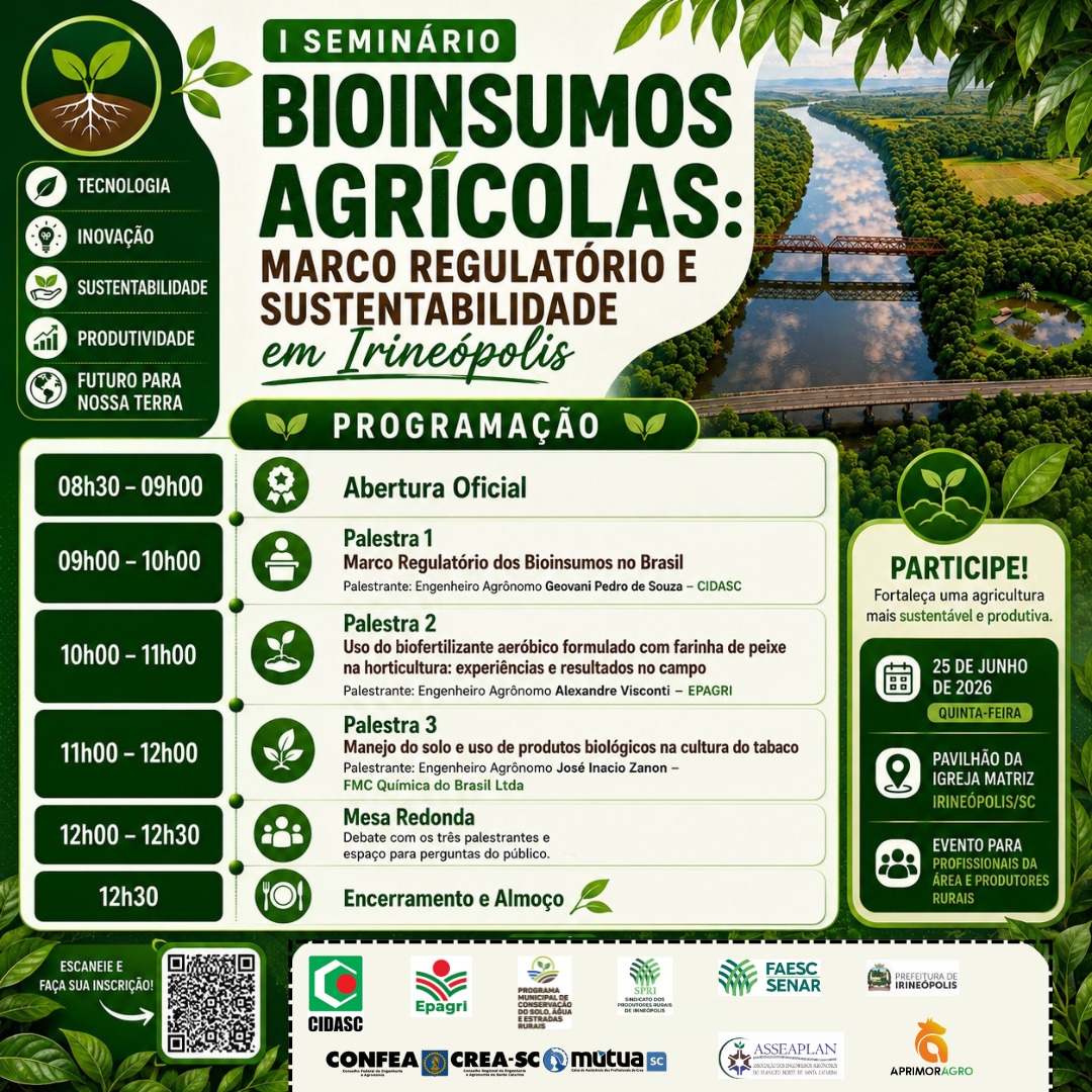 Irineópolis sediará Seminário sobre Bioinsumos Agrícolas e Sustentabilidade no dia 25 de junho
