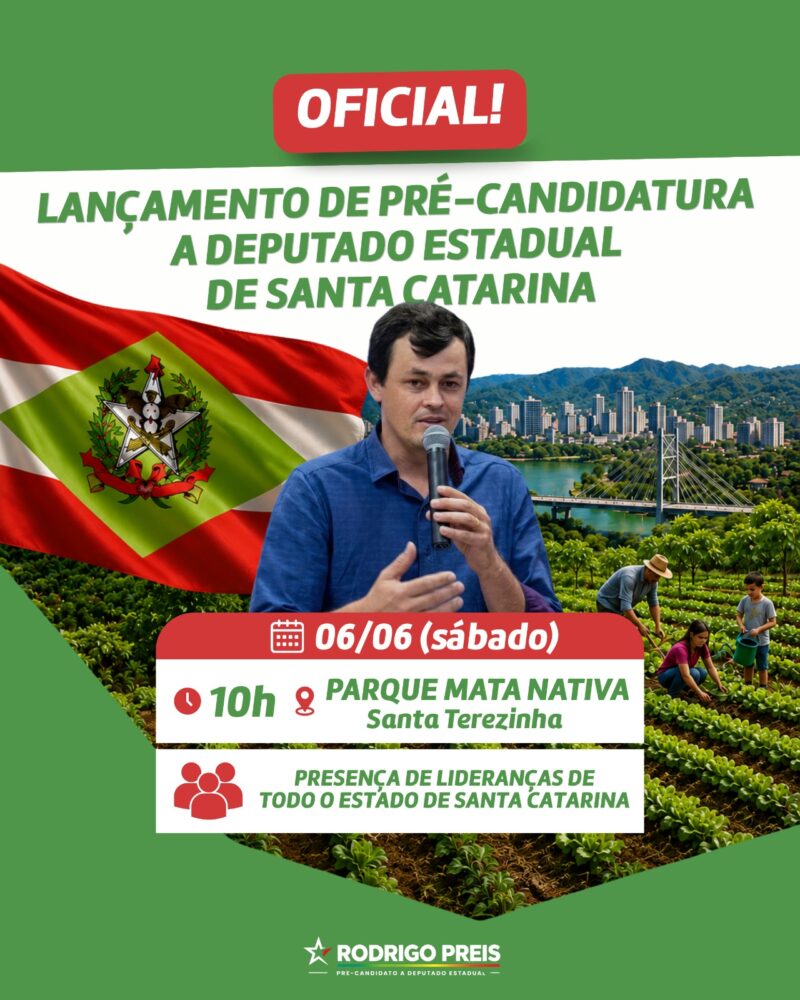 Rodrigo Preis lança pré-candidatura a deputado estadual com presença das lideranças da majoritária que representam o presidente Lula em Santa Catarina