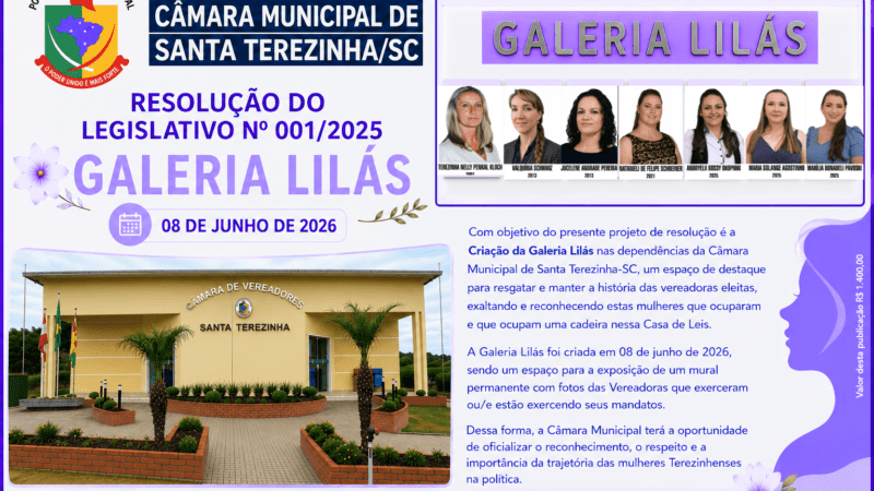 Galeria Lilás é inaugurada em Santa Terezinha e homenageia mulheres que fizeram história no Legislativo