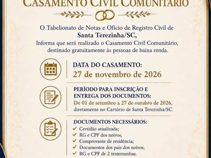 Casamento Civil Comunitário em Santa Terezinha terá inscrições gratuitas a partir de setembro