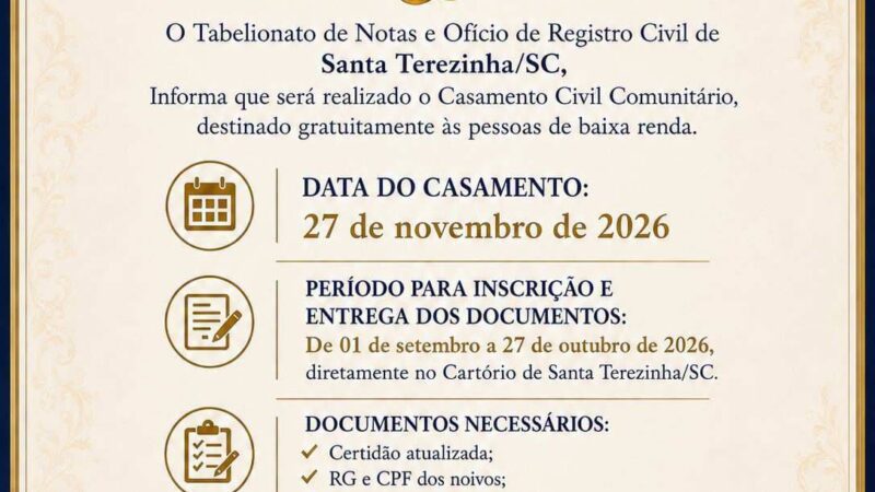 Casamento Civil Comunitário em Santa Terezinha terá inscrições gratuitas a partir de setembro