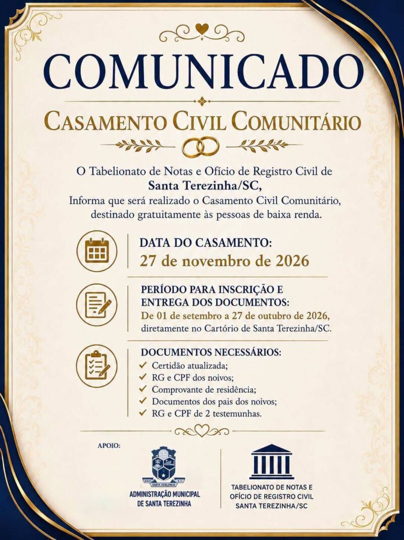 Casamento Civil Comunitário em Santa Terezinha terá inscrições gratuitas a partir de setembro