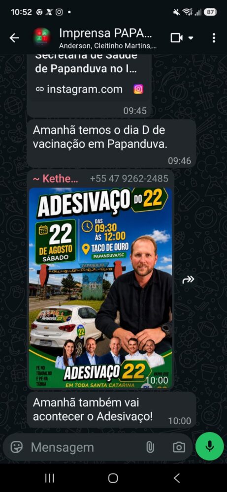Assessoria de Imprensa de Papanduva divulga de ato de campanha por canal oficial da Prefeitura