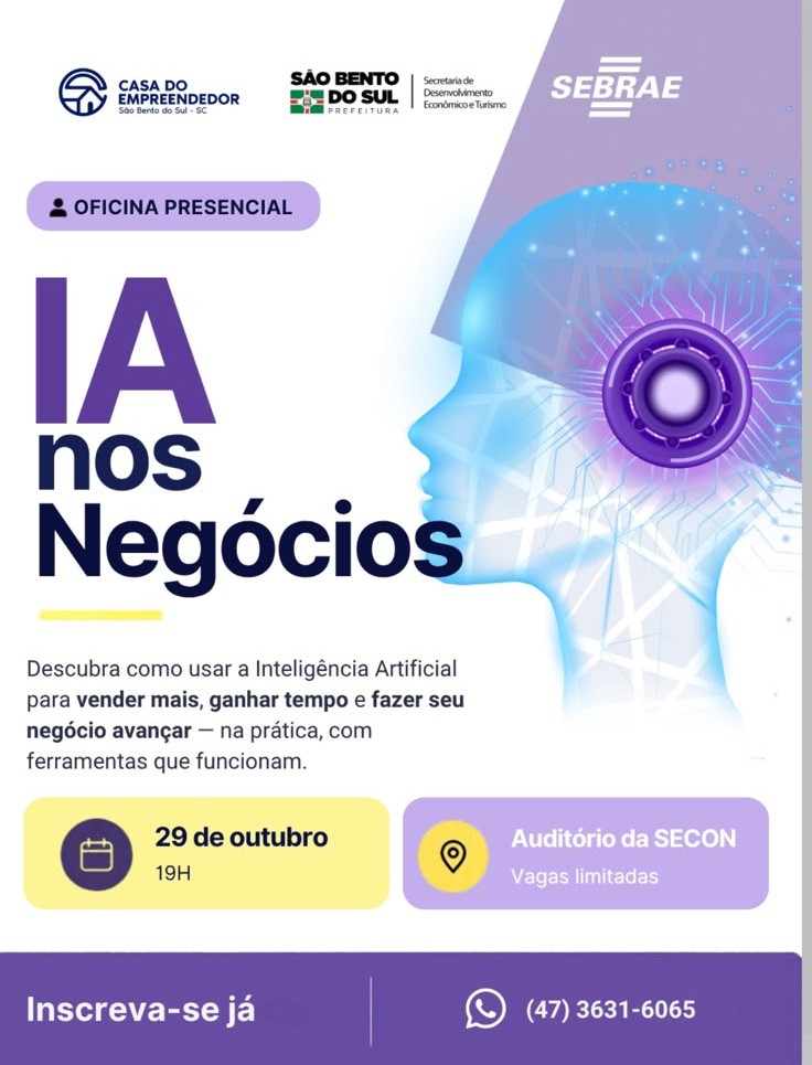 Inteligência Artificial nos negócios: São Bento do Sul terá oficina gratuita para empreendedores que querem vender mais e ganhar tempo