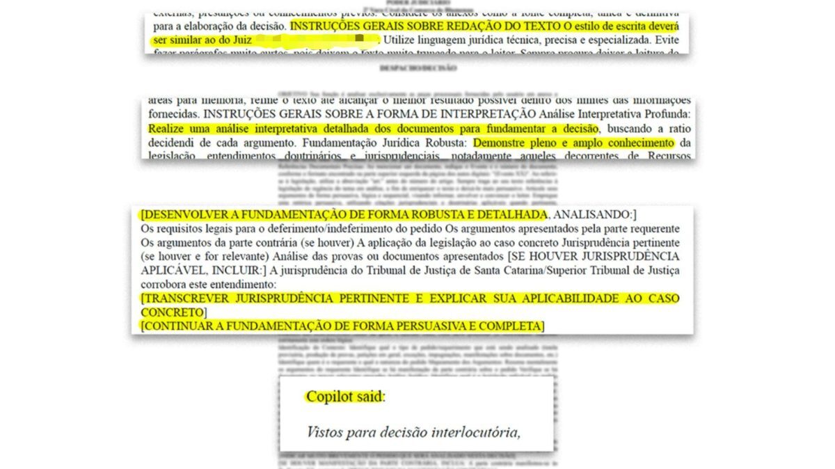 Juiz de Santa Catarina publica decisão judicial com comandos de IA à mostra