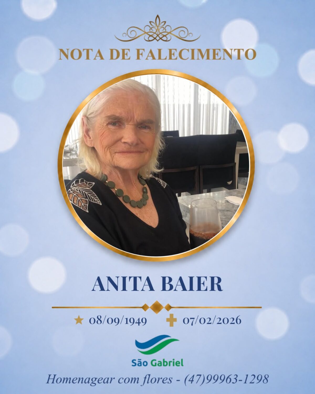Anita Baier morre aos 77 anos em Rio Negrinho