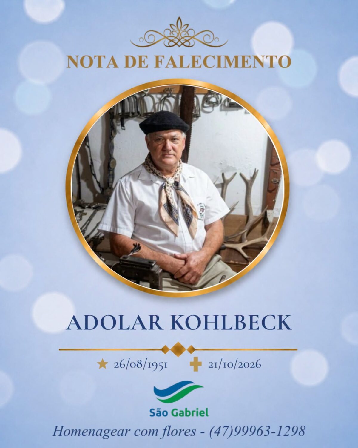 Adolar Kohlbeck falece aos 75 anos em Rio Negrinho