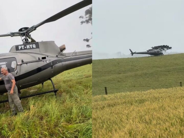 Helicóptero pousa em lavoura no Paraná antes de forte temporal