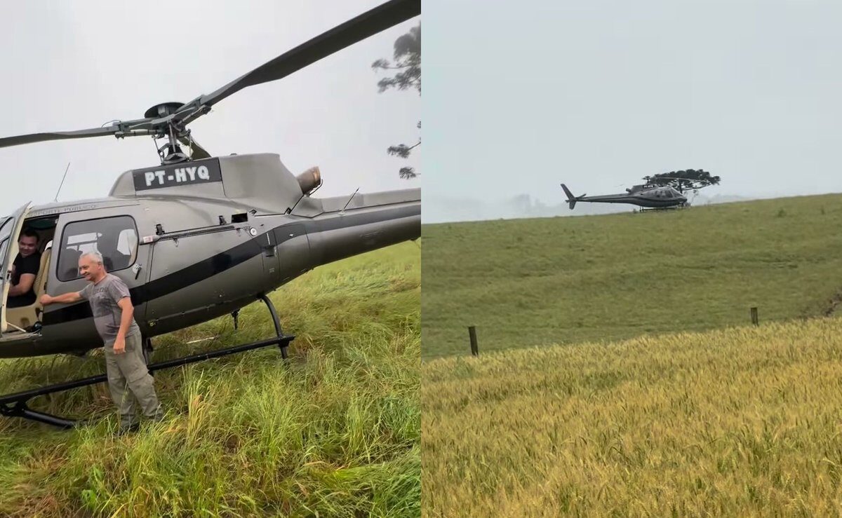 Helicóptero pousa em lavoura no Paraná antes de forte temporal