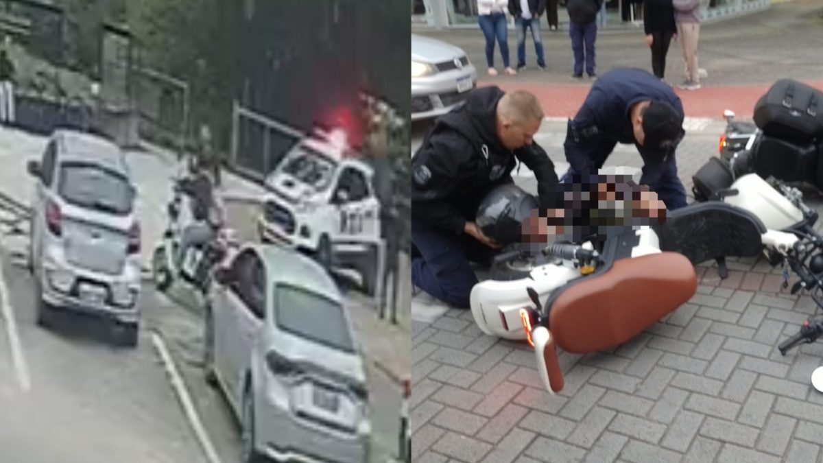 Vídeo flagra acidente entre moto e autopropelido em Timbó