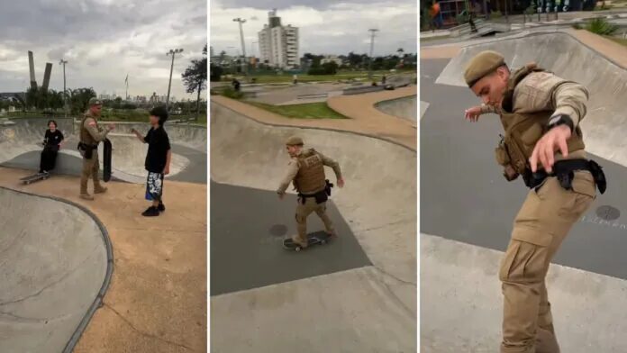 PM faz manobras de skate com crianças em parque de Criciúma